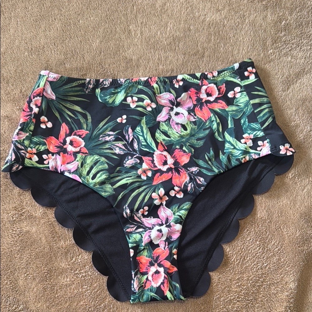 Vanilla/Beach Floral High-Waisted Bikini Bottom - Black and Green